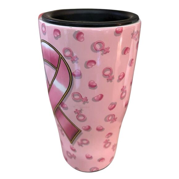 Spoontiques Pink Ribbon Find a Cure Ceramic Coffee Travel Mug with Plastic Lid - Picture 2 of 13